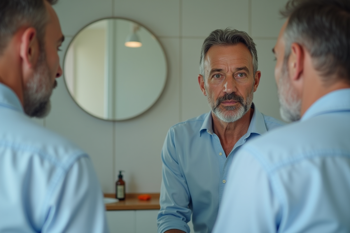 Homme regardant une cicatrice sur son visage dans le miroir