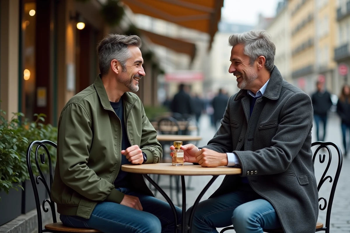 Deux hommes discutant d'un parfum Lidl posé sur une table de café en terrasse dans une rue européenne