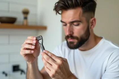 Homme tenant une lame de rasoir Treet entre les doigts dans une salle de bain minimaliste, inspectant la lame avant utilisation