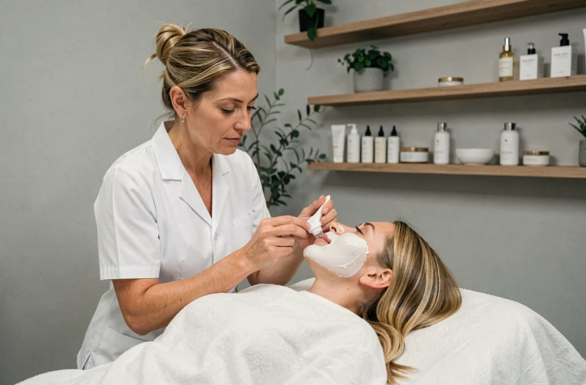 Esthéticienne de l'Institut Mahler à Clermont-Ferrand appliquant un masque facial sur une cliente allongée dans une cabine moderne