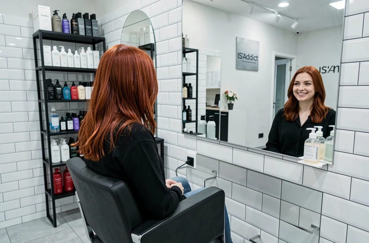 Jeune femme aux cheveux colorés auburn souriante dans le salon IS'Addict à Eaubonne