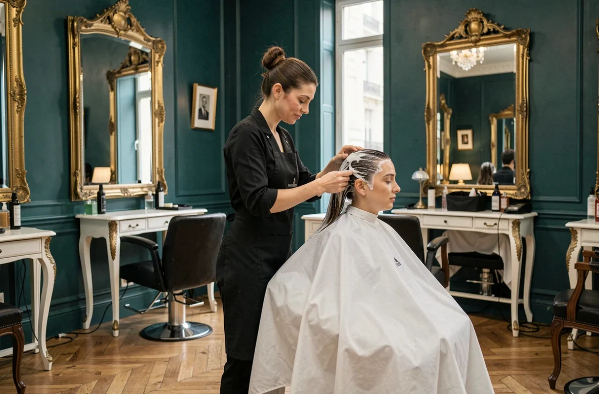 Coiffeuse appliquant un masque capillaire sur une cliente dans le salon Janya Coiffure à Enghien-les-Bains