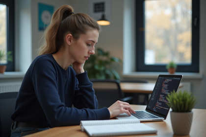 Jeune femme développeuse web concentrée devant son ordinateur