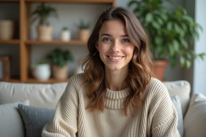 Jeune femme souriante avec balayage beige dans un salon moderne