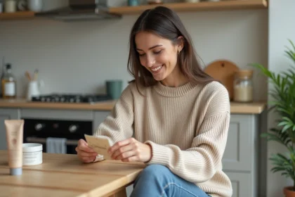 Jeune femme souriante ouvrant un échantillon de beauté dans sa cuisine