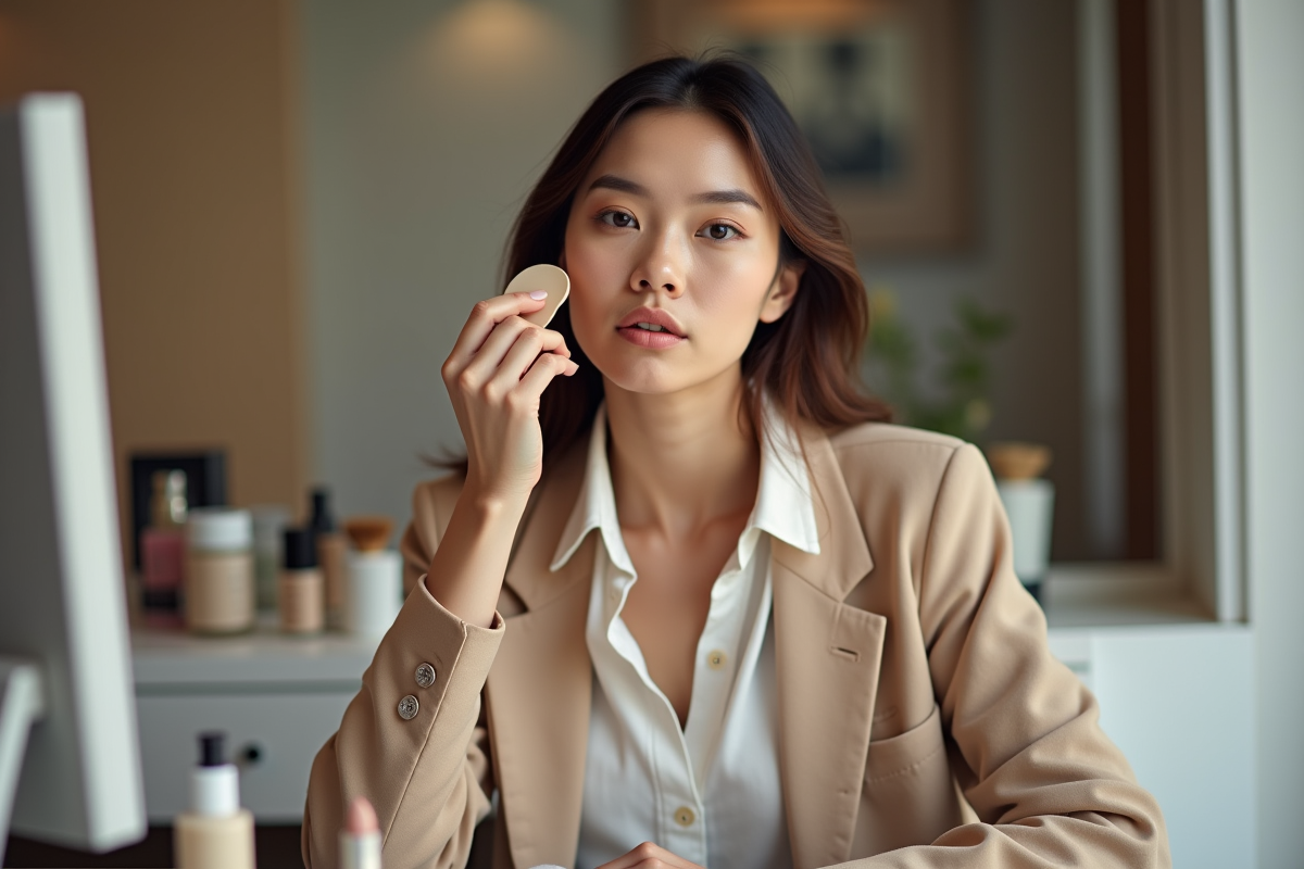Jeune femme appliquant du fond de teint dans son vanity