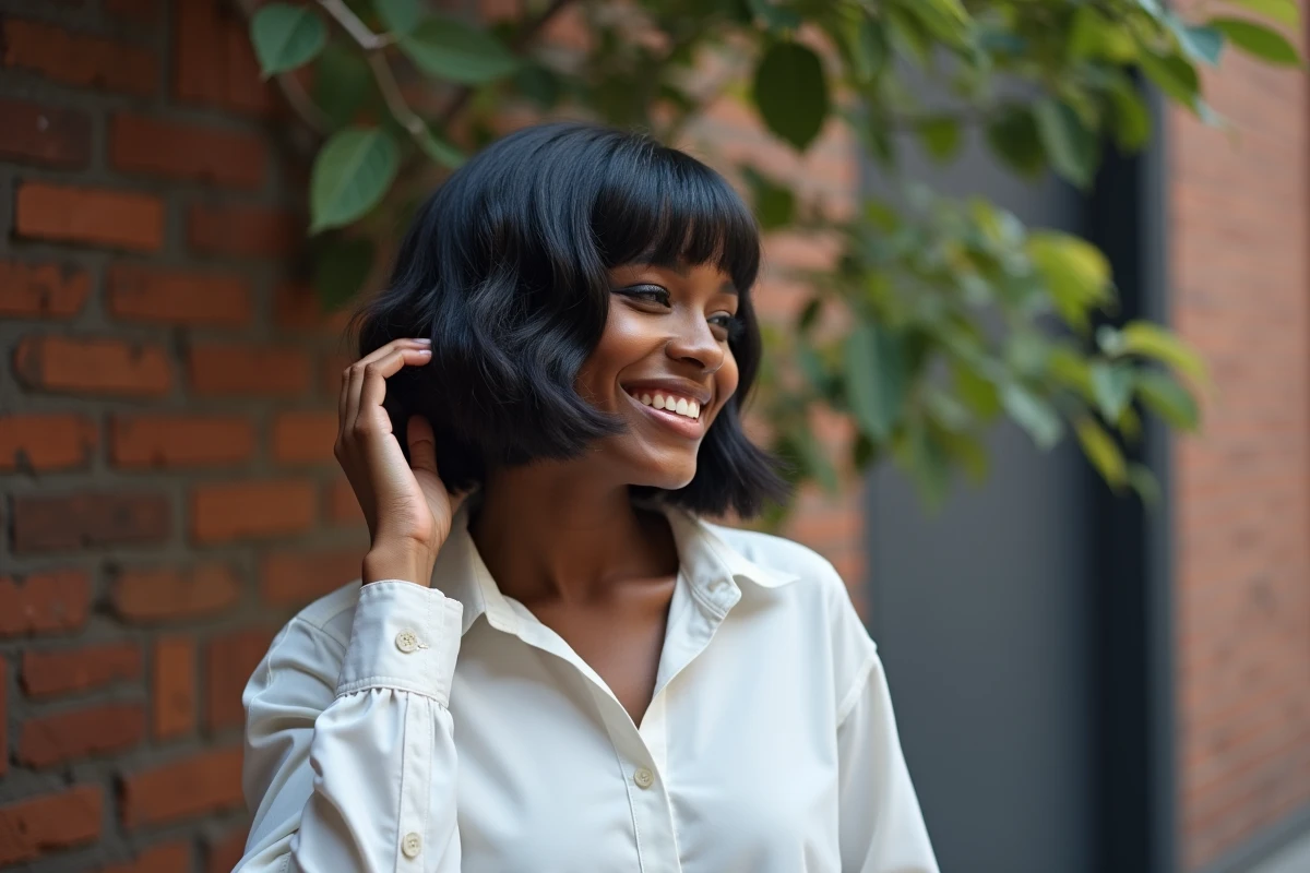 Jeune femme noire avec coupe layered bob en extérieur