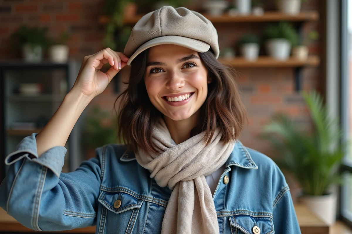 Jeune femme en veste en denim et casquette dans un loft cosy
