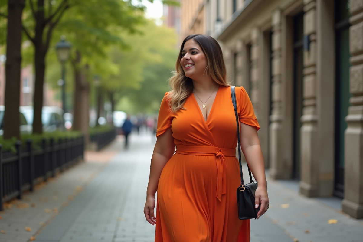 Jeune femme ronde en robe colorée marche en ville