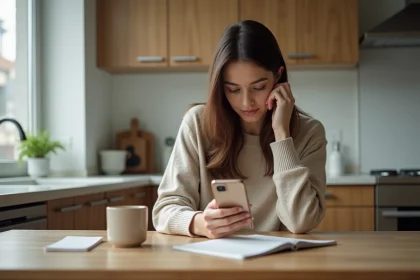 Jeune femme regardant son smartphone dans une cuisine moderne