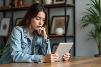 Jeune femme regardant une calculatrice de tatouage sur tablette