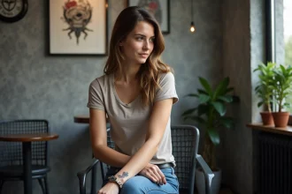 Jeune femme en studio de tatouage regardant son avant-bras