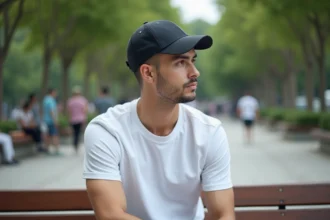 Jeune homme en t-shirt blanc et casquette dans un parc urbain