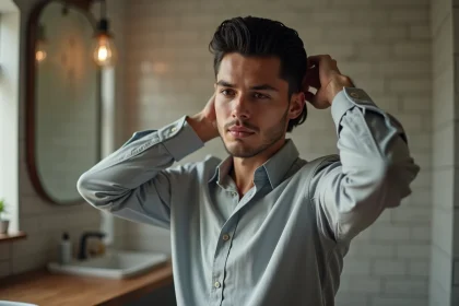 Jeune homme coiffé en slick back devant miroir dans salle de bain