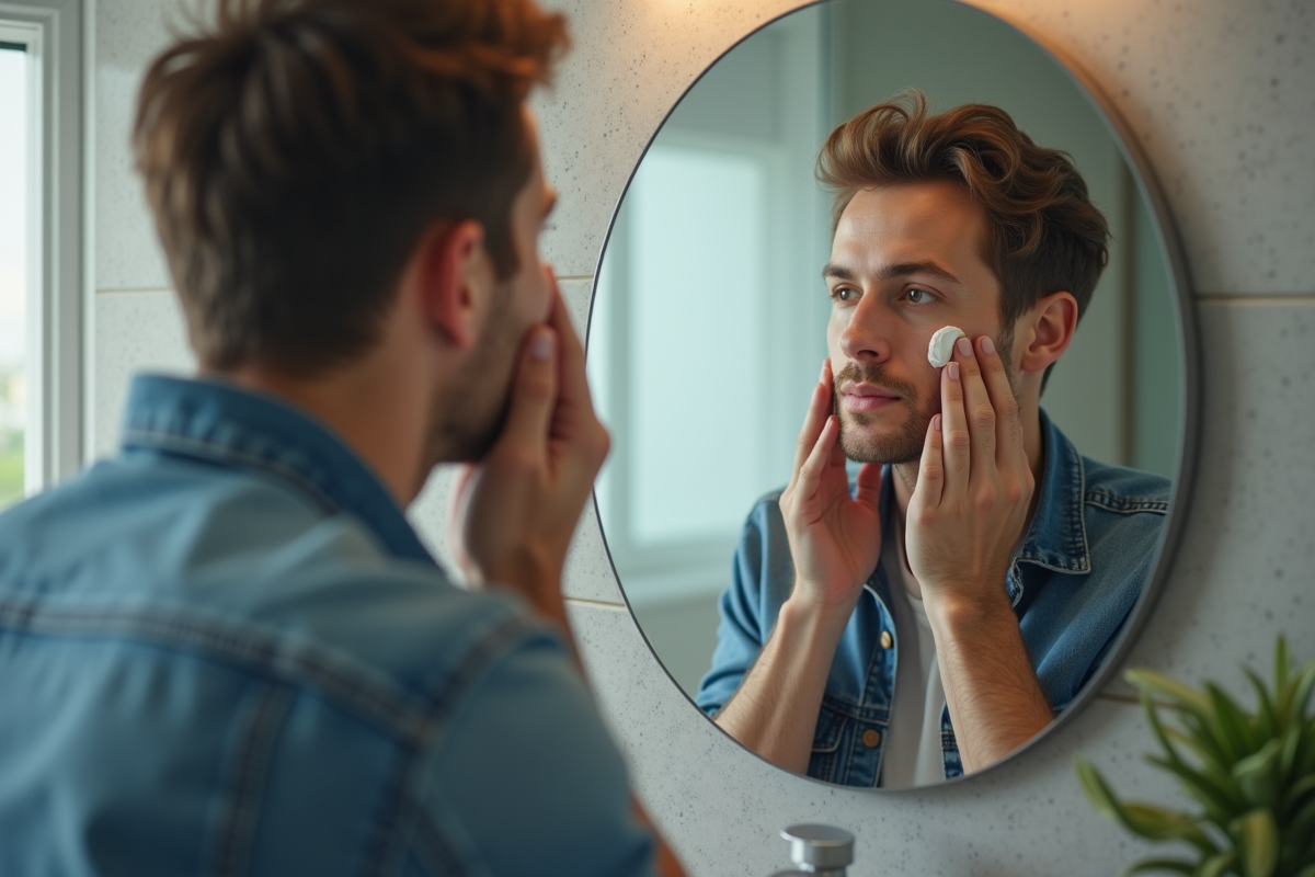 Jeune homme appliquant crème sur le visage dans la salle de bain