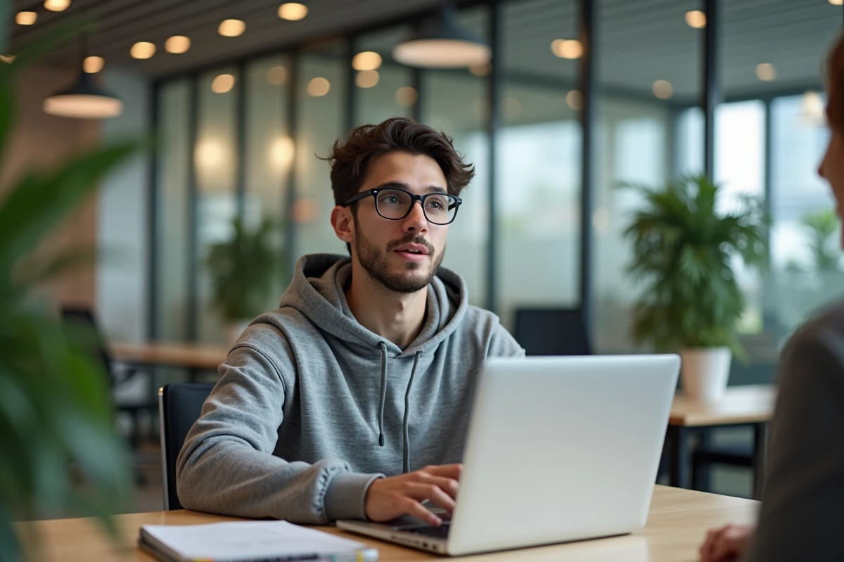 Jeune homme surpris discutant au bureau avec son ordinateur
