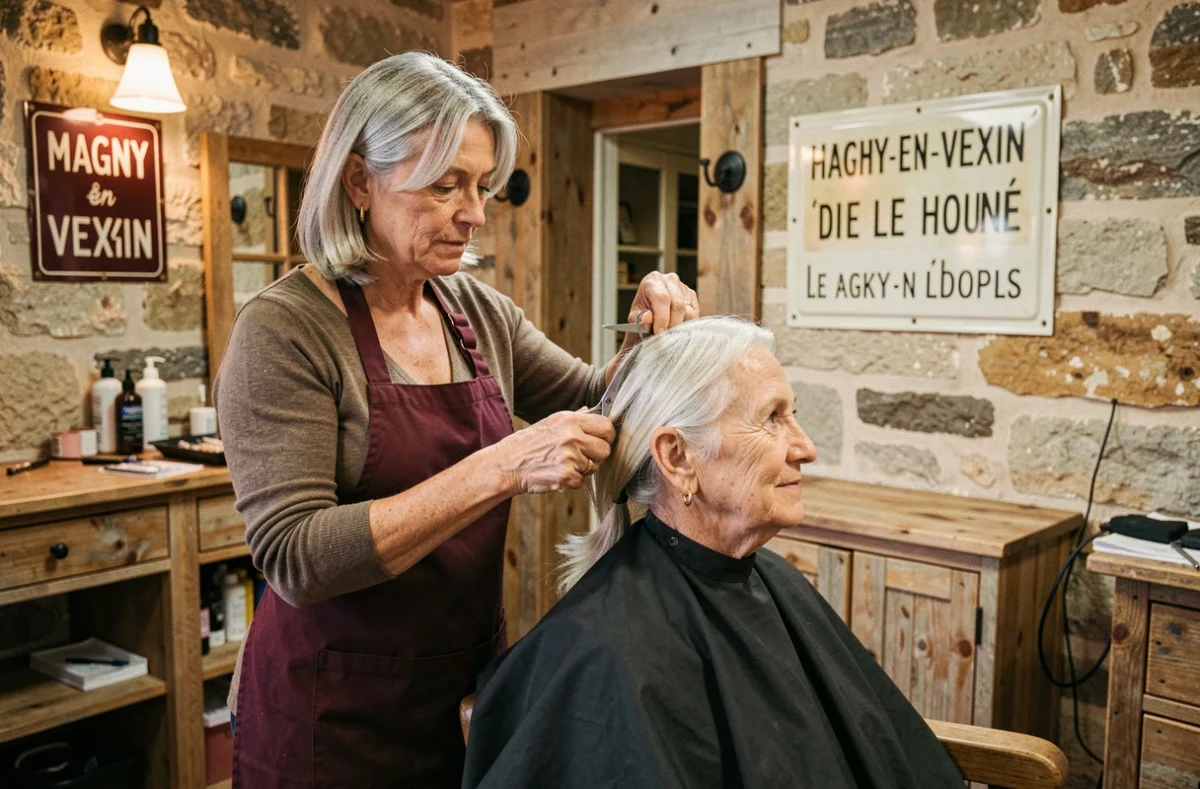 Coiffeuse coupant les pointes d'une cliente dans le salon L'hair du temps à Magny-en-Vexin