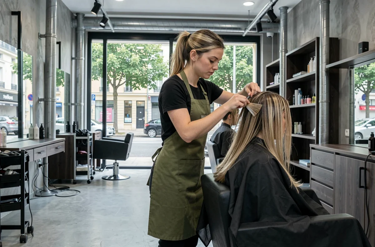 Coiffeuse appliquant des mèches sur une cliente au salon Libertif à Méry-sur-Oise