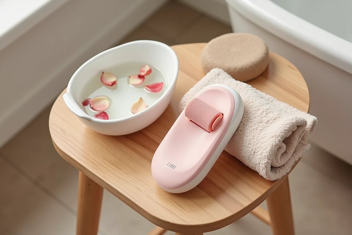 Lime électrique Lidl pour pédicure posée sur un tabouret en bois avec accessoires de soin des pieds
