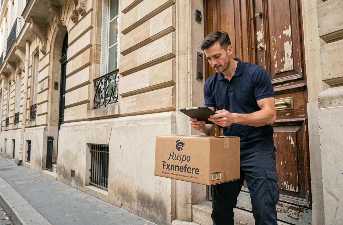 Livreur déposant un colis de cosmétiques Primor devant une porte d'immeuble parisien, illustrant la livraison à domicile en France