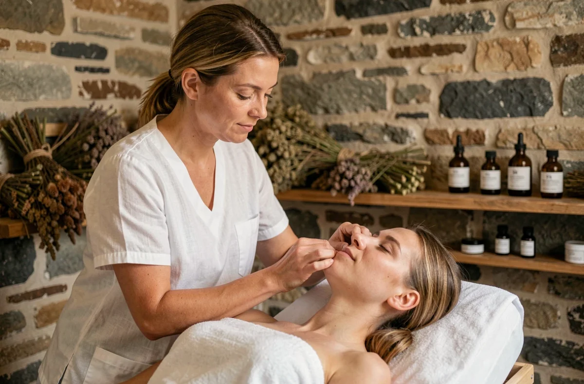Esthéticienne réalisant un soin du visage à l'institut Maison Soléa près de Combourg