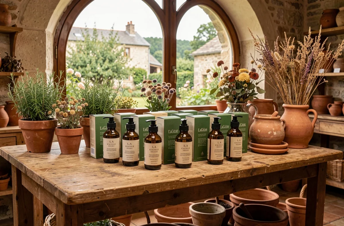 Table de présentation de cosmétiques végétaux Yves Rocher dans la boutique de La Gacilly