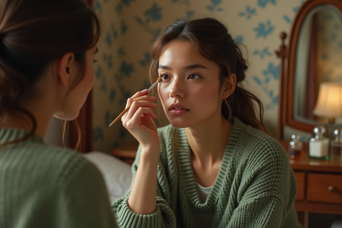 Femme au nez grec appliquant du maquillage de contour devant un miroir de coiffeuse pour sublimer son profil naturellement
