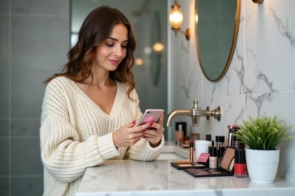 Jeune femme comparant des produits de maquillage pas cher sur son smartphone près d'une coiffeuse en marbre
