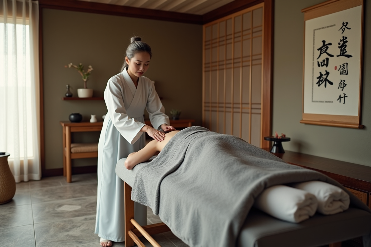 Praticienne coreenne en hanbok donnant un massage à un jeune homme