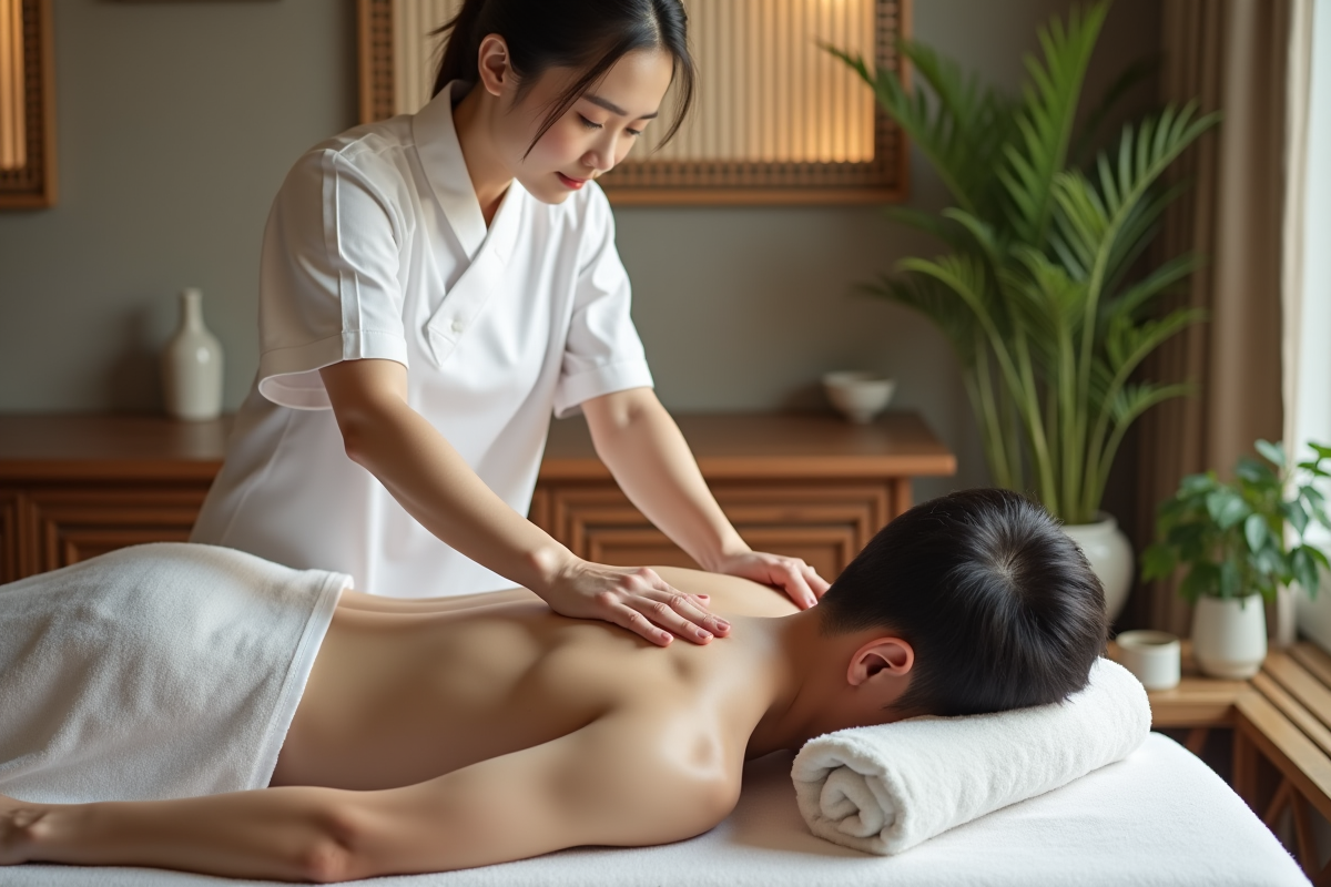 Masseuse coreenne en uniforme blanc effectuant un massage sur un homme