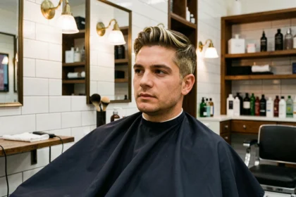 Homme aux mèches blondes naturelles encadrant le visage dans un salon de coiffure moderne, montrant l'effet affinant de la coloration sur les tempes