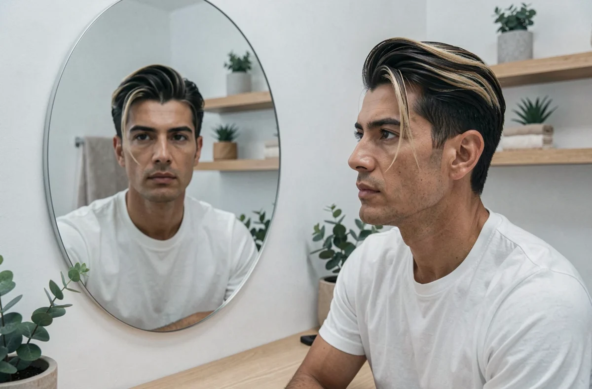 Homme dans la trentaine avec mèches blondes aux tempes regardant son reflet dans un miroir rond, démontrant l'effet visuel affinant du balayage sur les traits du visage