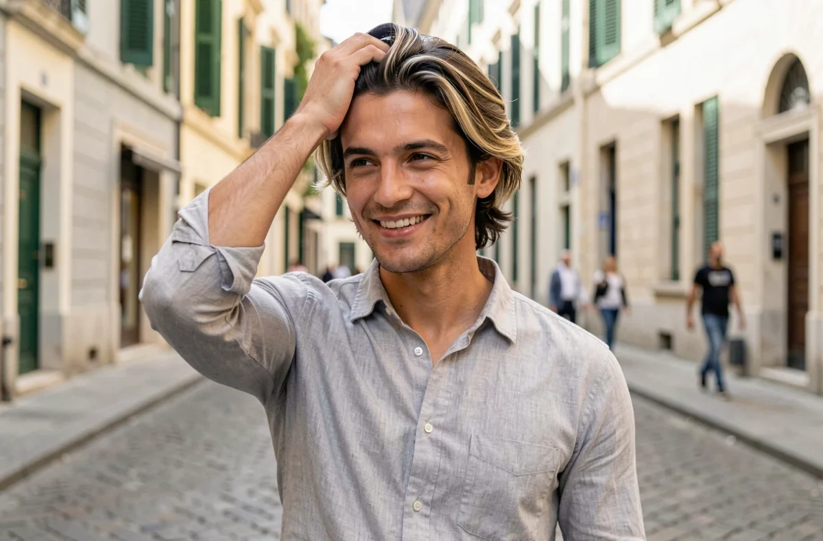 Jeune homme aux mèches blondes sur cheveux bruns en extérieur dans une rue européenne, illustrant l'effet affinant du balayage sur la forme du visage