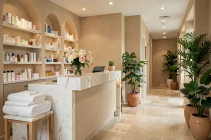 Intérieur élégant d'un institut de beauté dans le Puy-de-Dôme avec comptoir d'accueil, produits de soin et plantes vertes