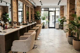 Intérieur d'un salon de coiffure moderne et élégant dans le Val-d'Oise, avec des postes de coiffage en rangée et des miroirs larges
