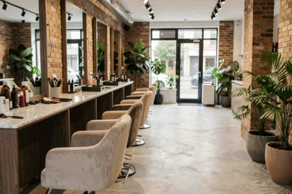Intérieur d'un salon de coiffure moderne et élégant dans le Val-d'Oise, avec des postes de coiffage en rangée et des miroirs larges