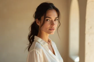 Femme avec un nez grec proéminent photographiée de profil en 3/4, mettant en valeur l'élégance naturelle de son profil facial sans maquillage excessif
