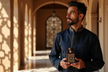Homme portant un flacon de parfum oriental Gissah dans un intérieur luxueux aux influences arabes