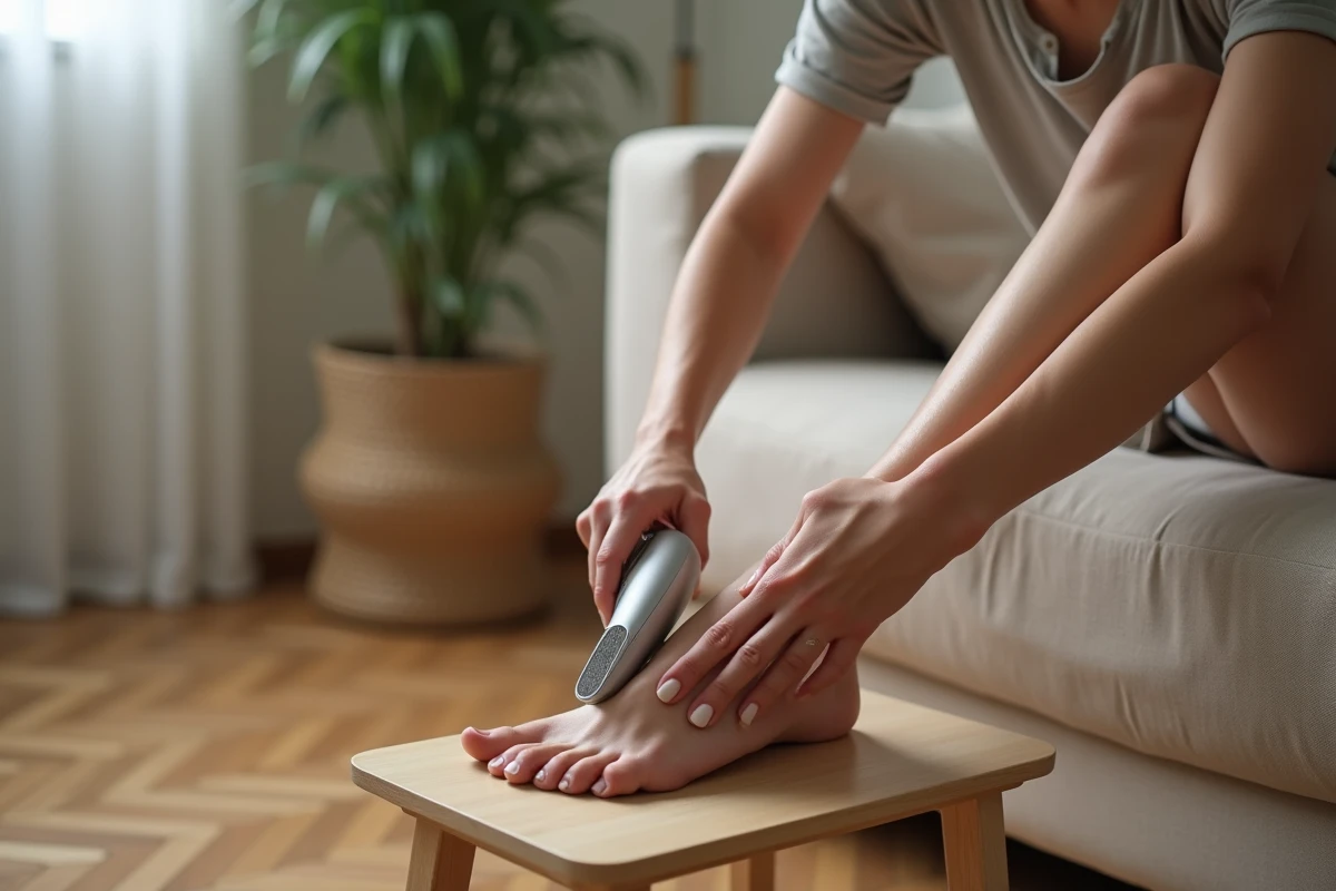 Femme réalisant une pédicure maison avec une lime électrique dans un salon confortable