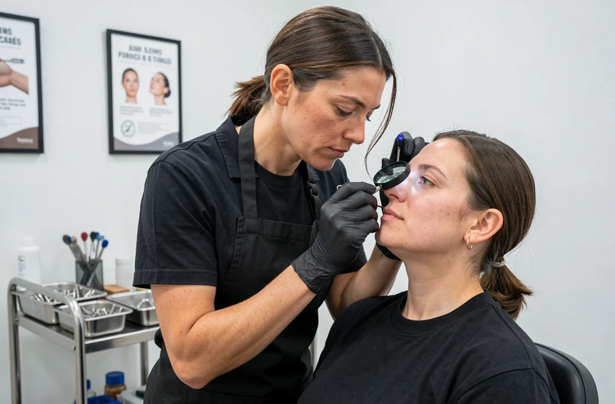 Perceur professionnel en studio examinant le piercing nez d'une cliente pour évaluer un rejet causé par l'utilisation d'un gun en bijouterie