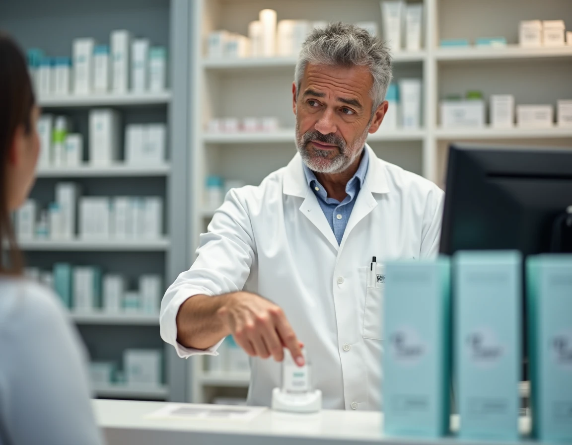 Pharmacien conseillant un client sur un produit Rovea Skin en officine, pointant les informations de la boîte cosmétique