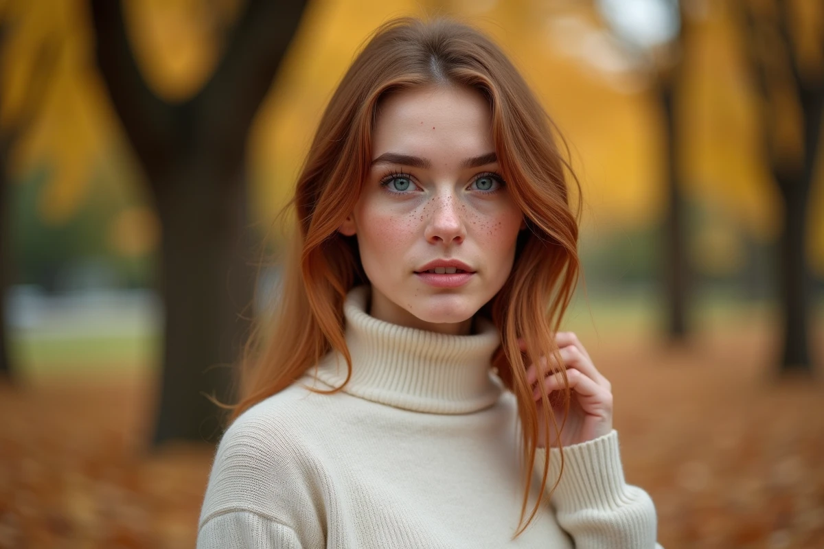 Femme aux yeux bleu sarcelle en col roulé crème dans un parc en automne, entourée de feuilles dorées qui font ressortir la couleur de ses yeux