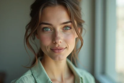 Portrait rapproché d'une femme aux yeux bleu-vert portant un chemisier en lin vert sauge, avec un bokeh doux en arrière-plan