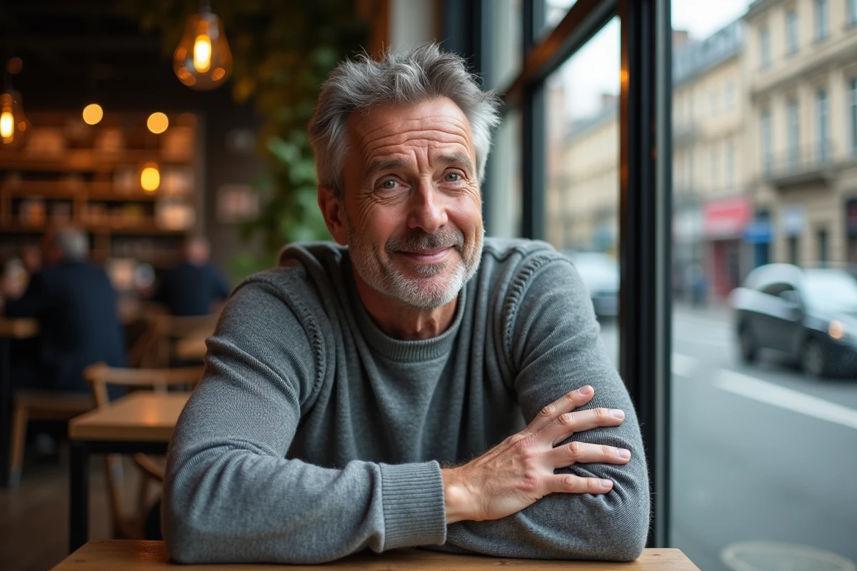 Homme d'âge moyen aux yeux gris-jaune assis dans un café, portant un pull en laine grise avec une rue en arrière-plan flou