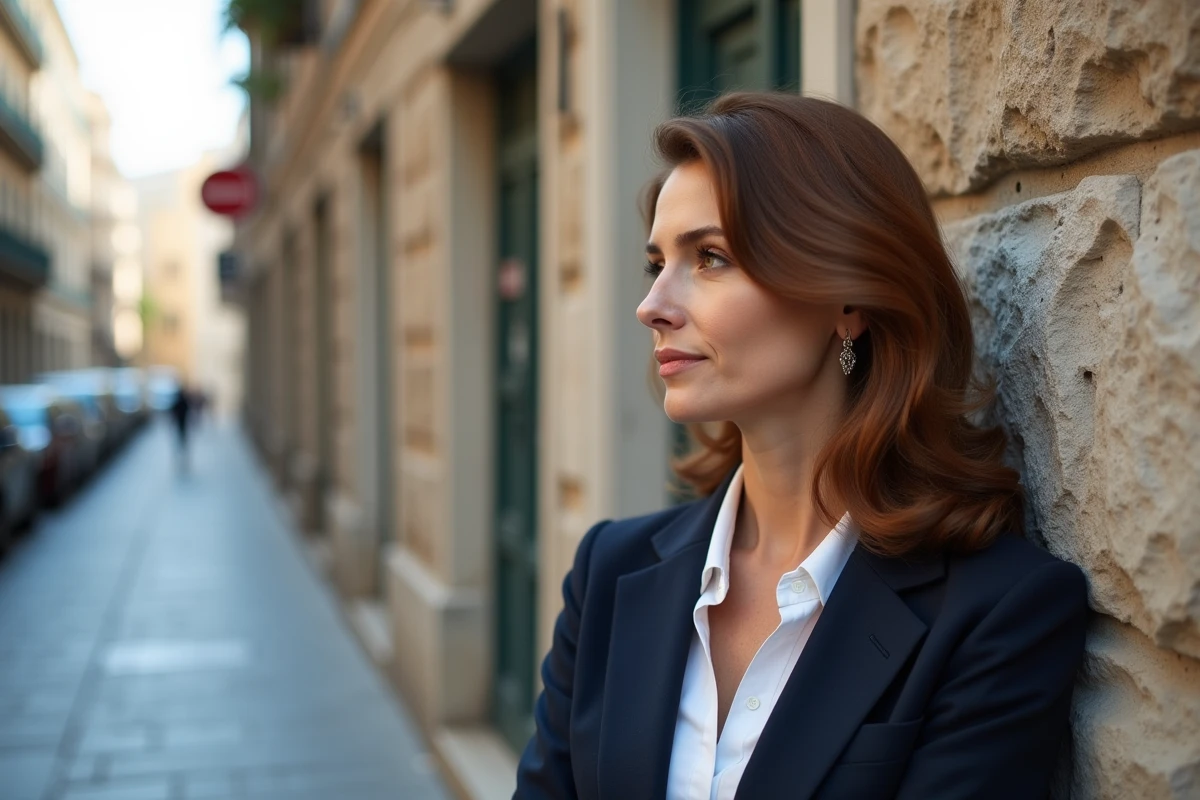 Portrait de profil strict d'une femme aux traits grecs avec un nez droit et élégant, photographiée en extérieur contre un mur en pierre urbain