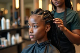 Coiffeuse professionnelle appliquant du gel sur des tresses africaines collées sur une jeune femme noire en salon de coiffure