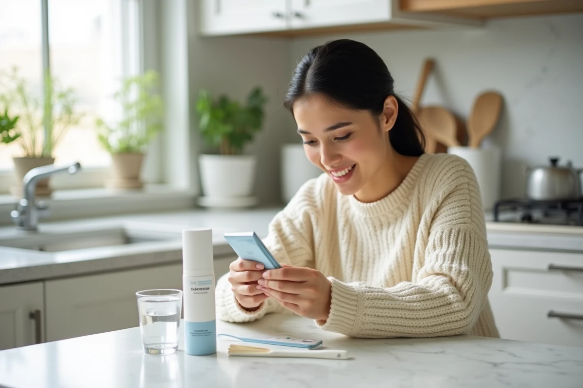 Jeune femme examinant des produits blanchissants doux pour dents sensibles sur un comptoir en marbre