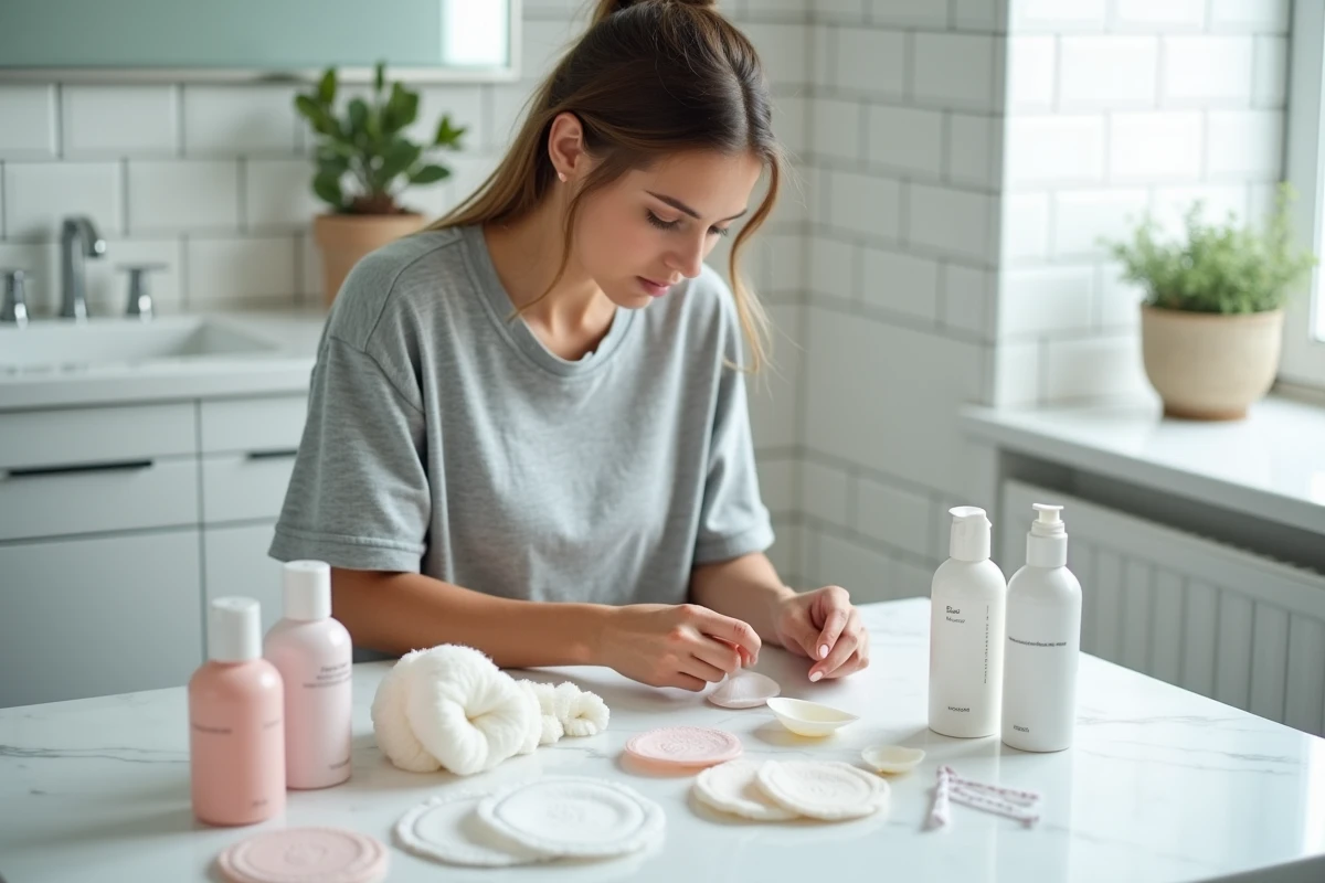 Femme entourée de produits d'hygiène féminine naturels sur un comptoir de salle de bain
