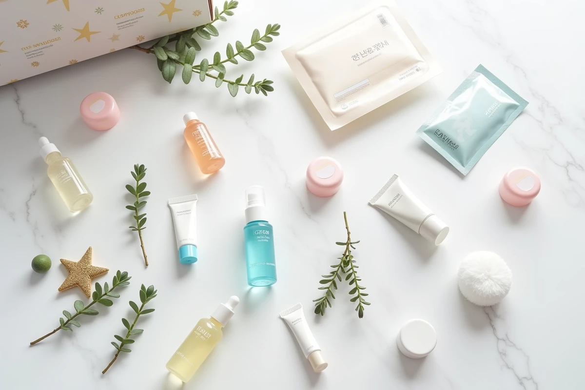 Produits k-beauty miniatures du calendrier de l'Avent YesStyle disposés en flat-lay sur marbre blanc avec décoration festive
