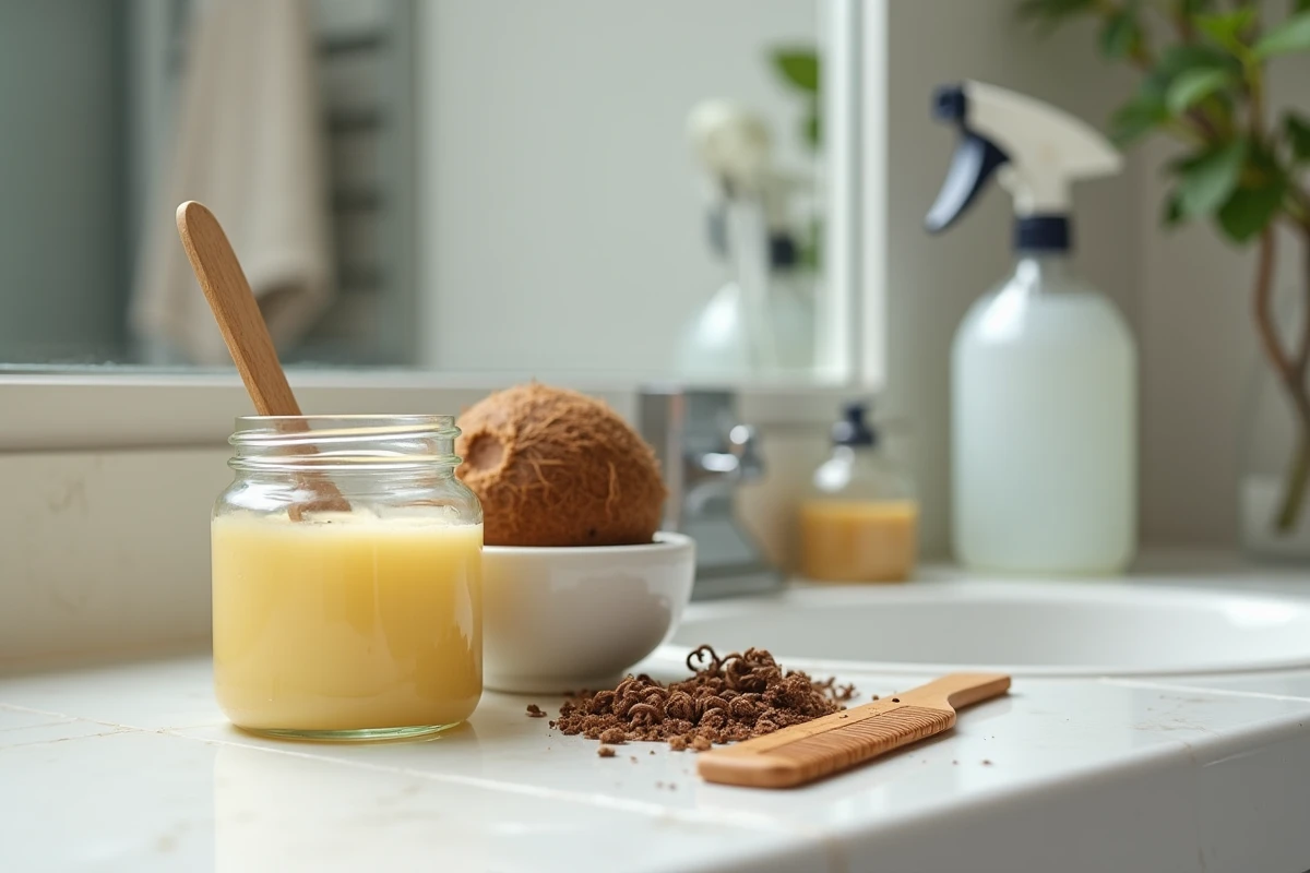 Produits du quotidien comme l'huile de coco et le gel de lin disposés sur un comptoir de salle de bain pour définir les cheveux bouclés